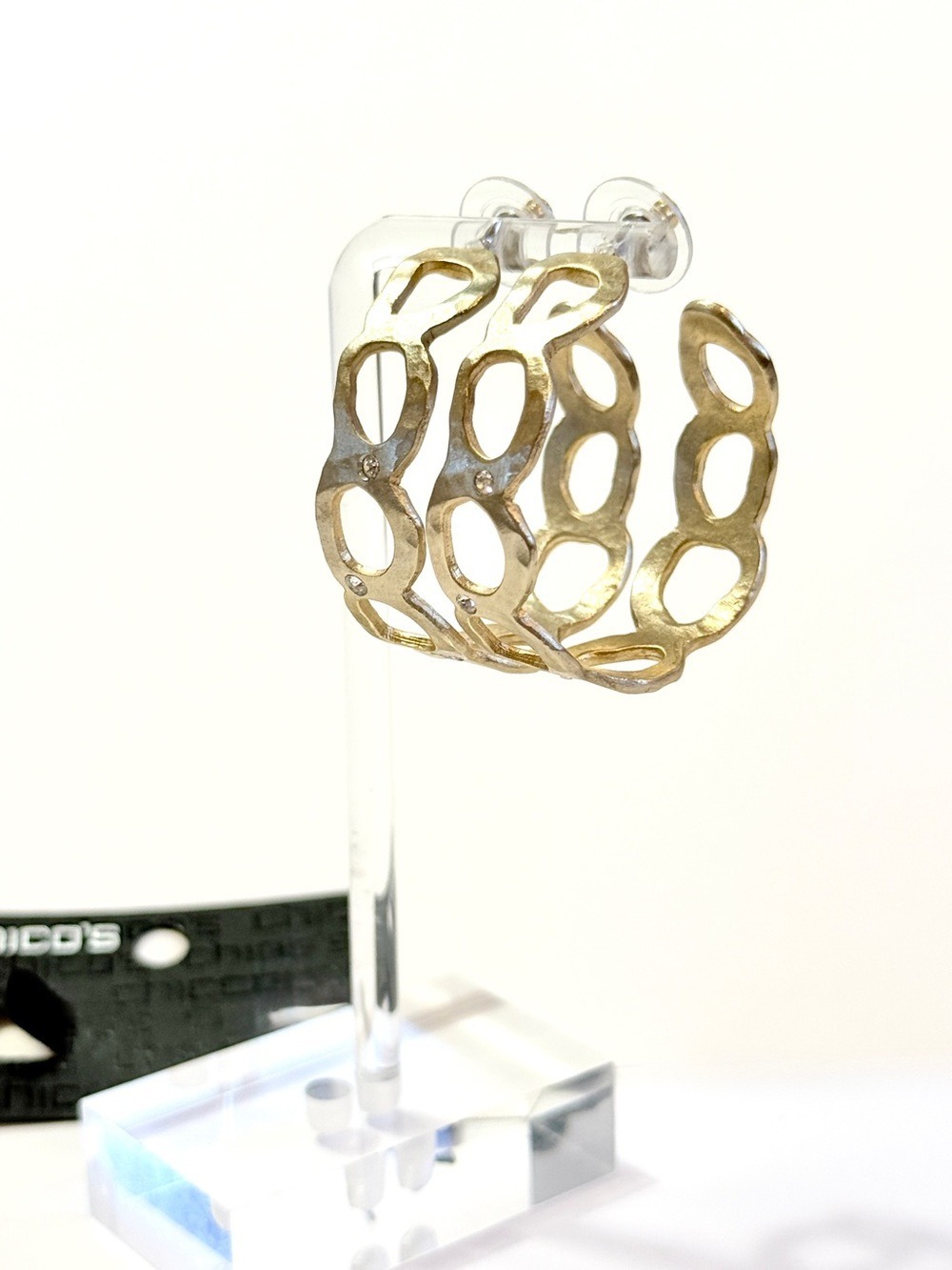 Chico's Gold Hammered Open Link Hoop Earrings Crystal Accents NWT
